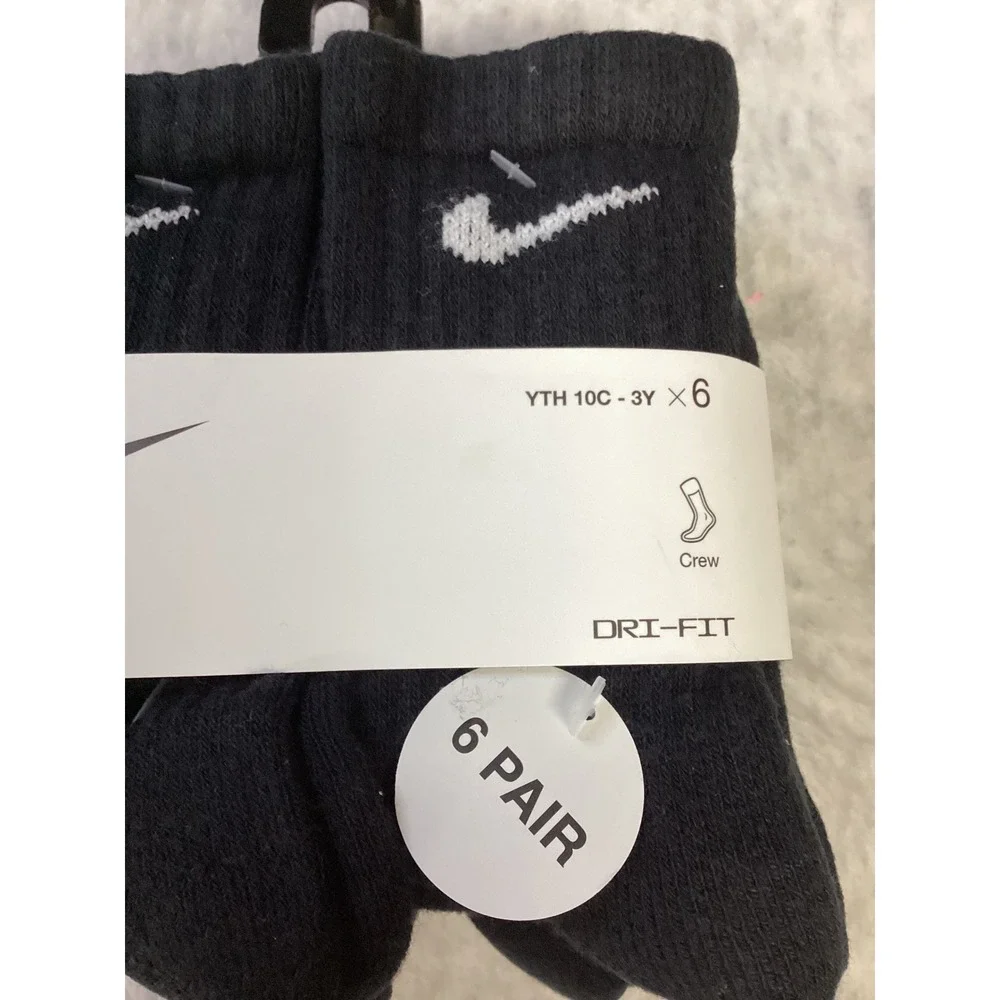 Nike‎ Kids Everyday Cushioned Crew Socks 6 Pack Black Dri-FIT UN0019-023 10c-3y